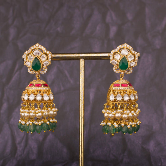 Designer Polki Kundan Jhumka Earrings With Pearl And Beads Hanging