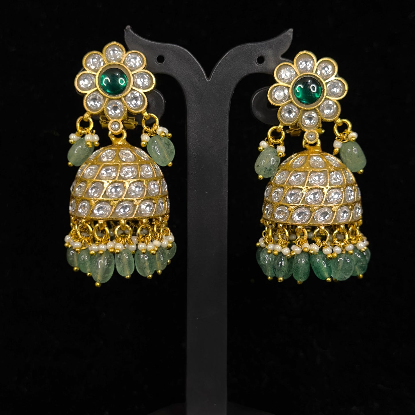 Floral Design Jadau Kundan Jhumkas with Emerald Beads