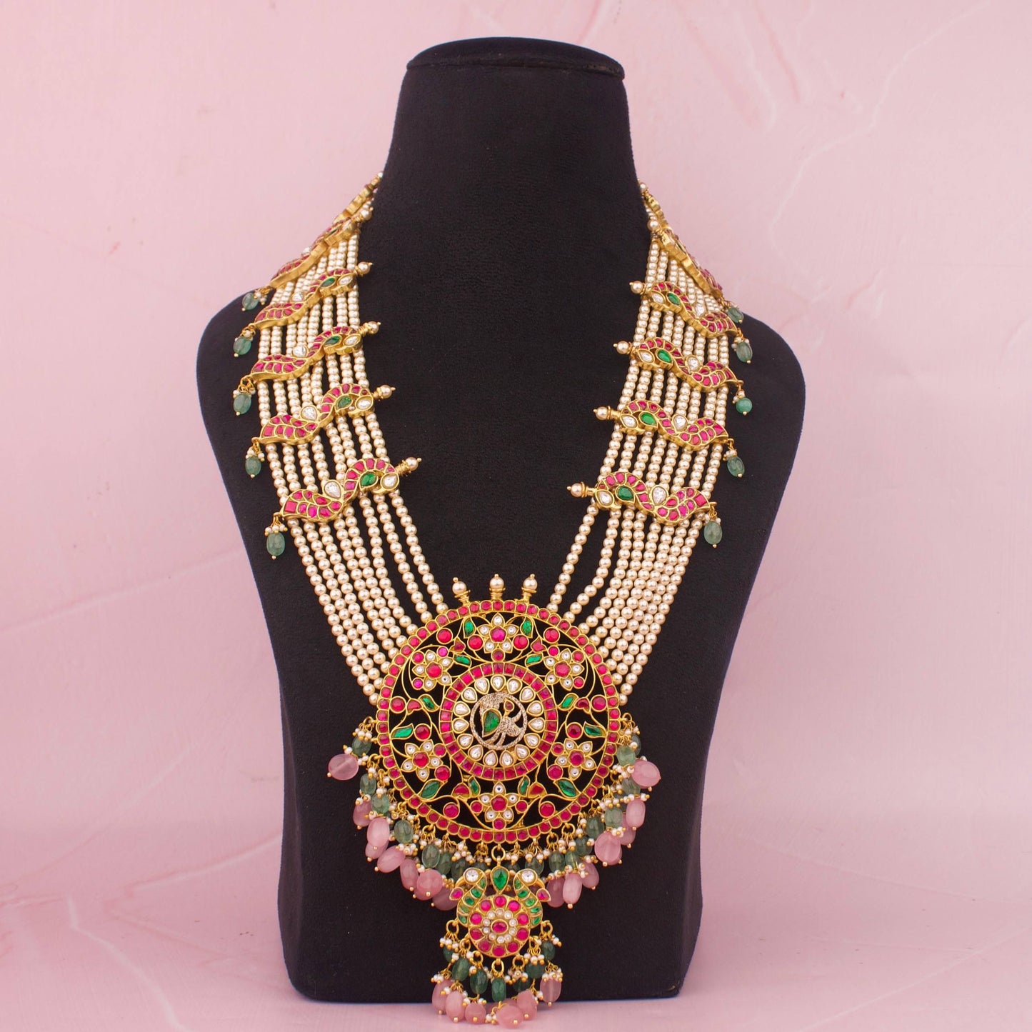 Handmade Jadau Kundan Long Rani Haar With Green Beads & Swarovski Chain
