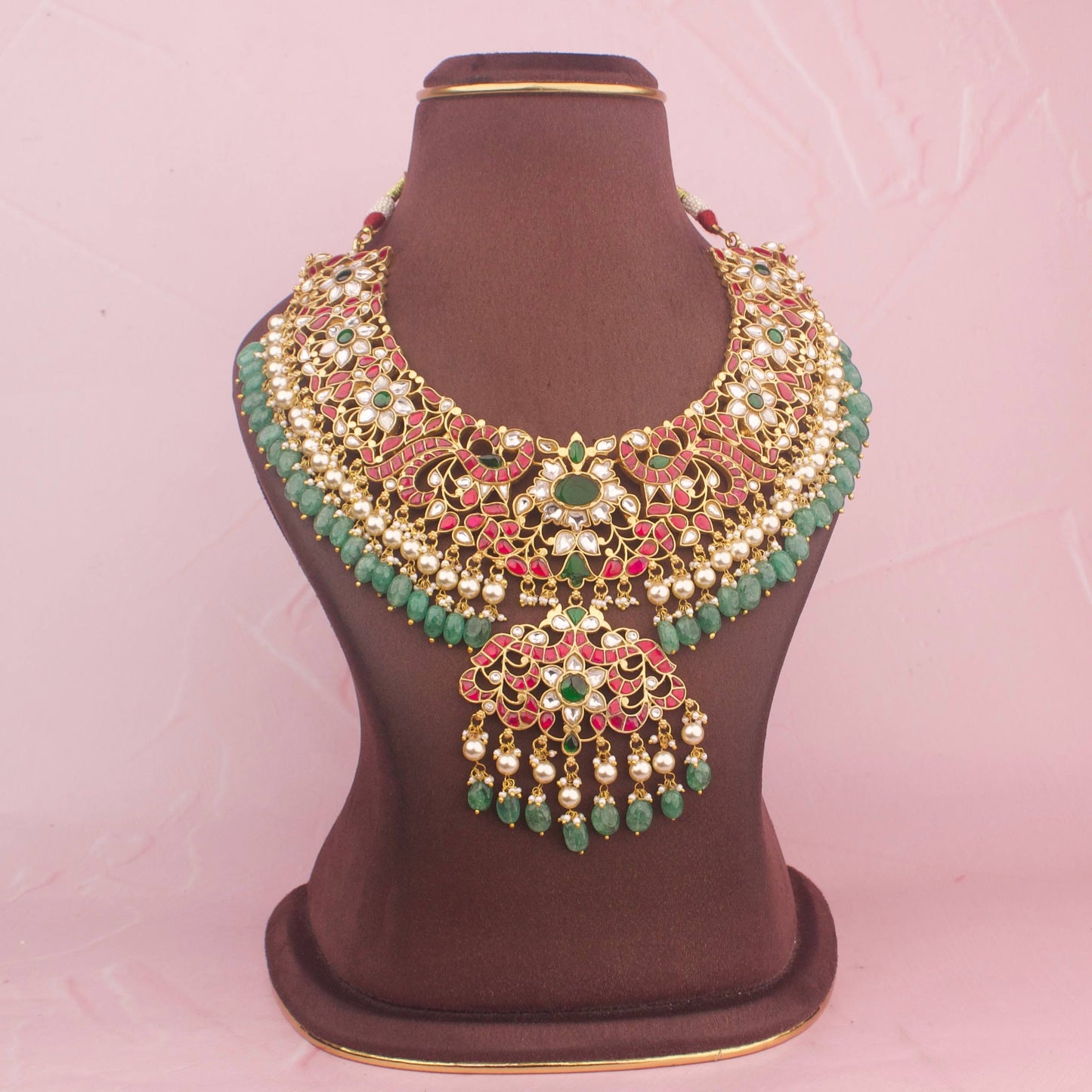 Regal Jadau Kundan Peacock Design Necklace With Emerald Beads