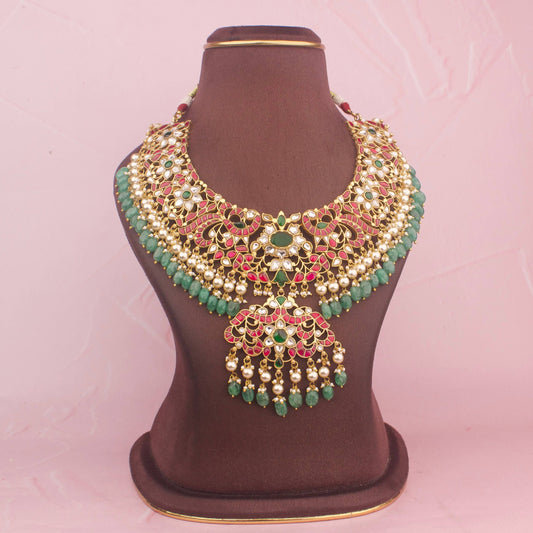 Regal Jadau Kundan Peacock Design Necklace With Emerald Beads