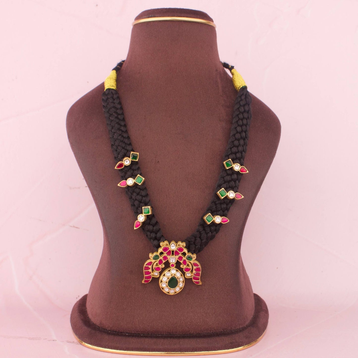 Traditional Black Thread Necklace Design With Peacock Kundan Pendant