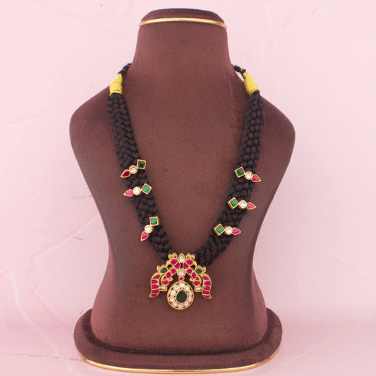 Traditional Black Thread Necklace Design With Peacock Kundan Pendant
