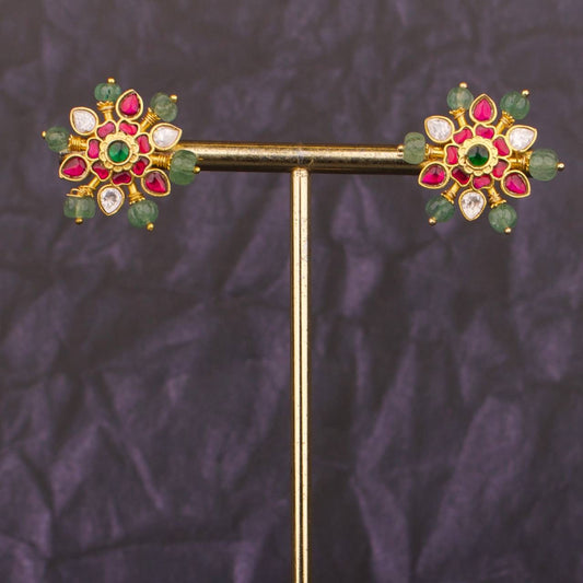 Fusion Polki Kundan Jadau Kundan Stud Earrings With Bead Bordering