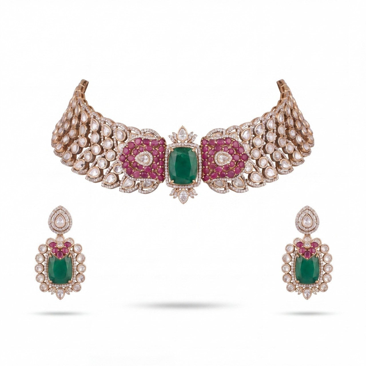 Bridal Victorian Moissanite Polki Choker Set With Matching Earrings