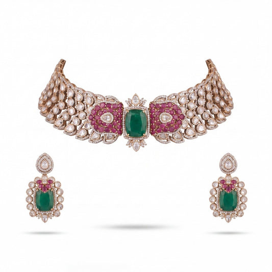 Bridal Victorian Moissanite Polki Choker Set With Matching Earrings