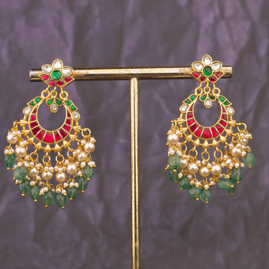Elegant Jadau Kundan Chandbali Earrings With Pearl Hangings And Green Drops