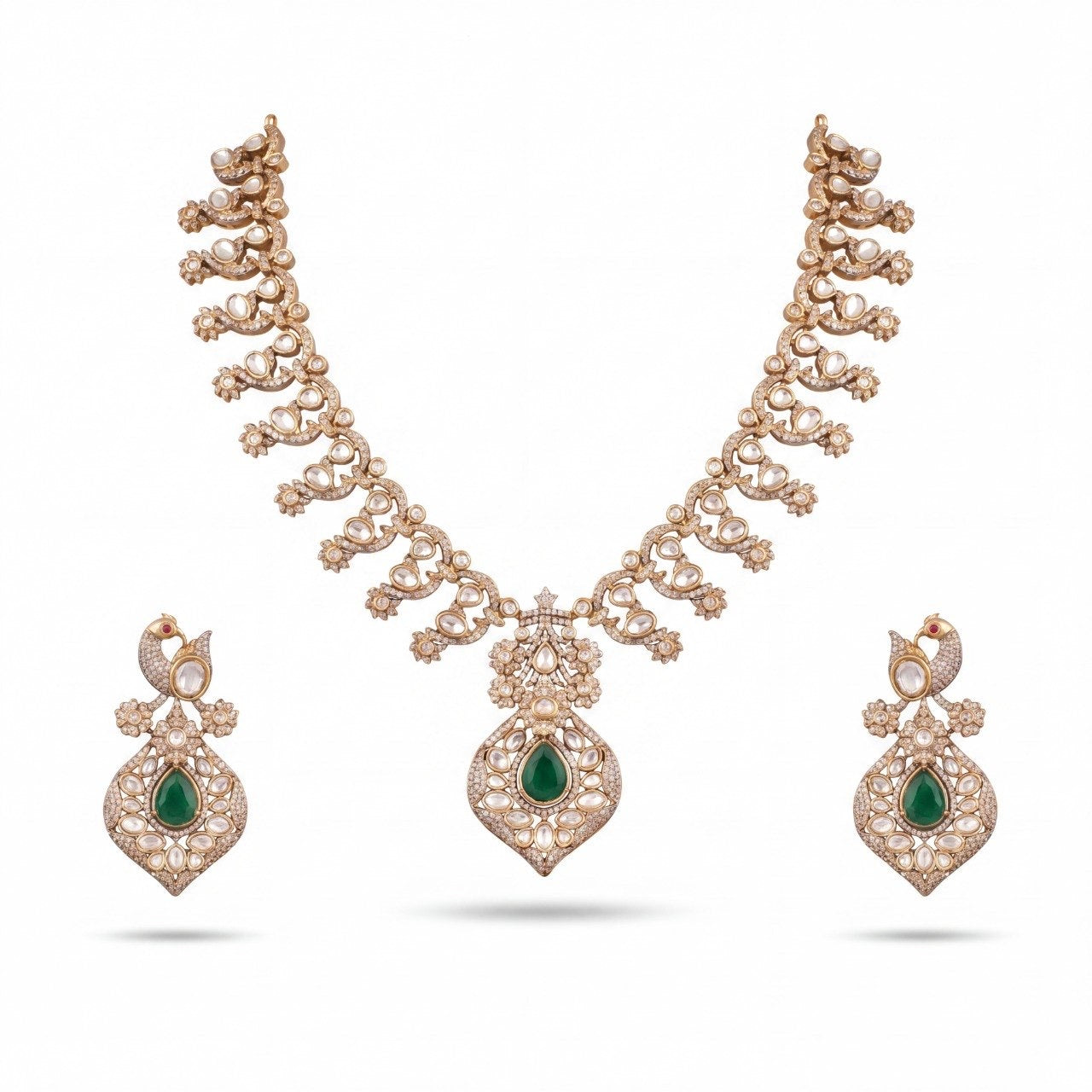 Regal Peacock Polki Necklace Set With Earrings