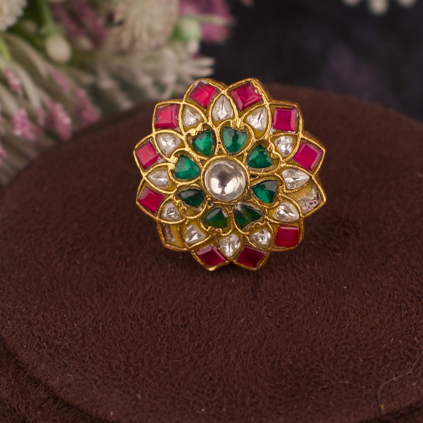 Jadau Kundan finger ring with lotus cut Design - DULHAN JEWELS