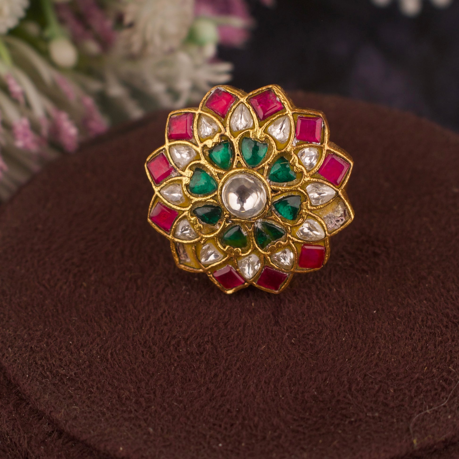 Jadau Kundan finger ring with lotus cut Design - DULHAN JEWELS