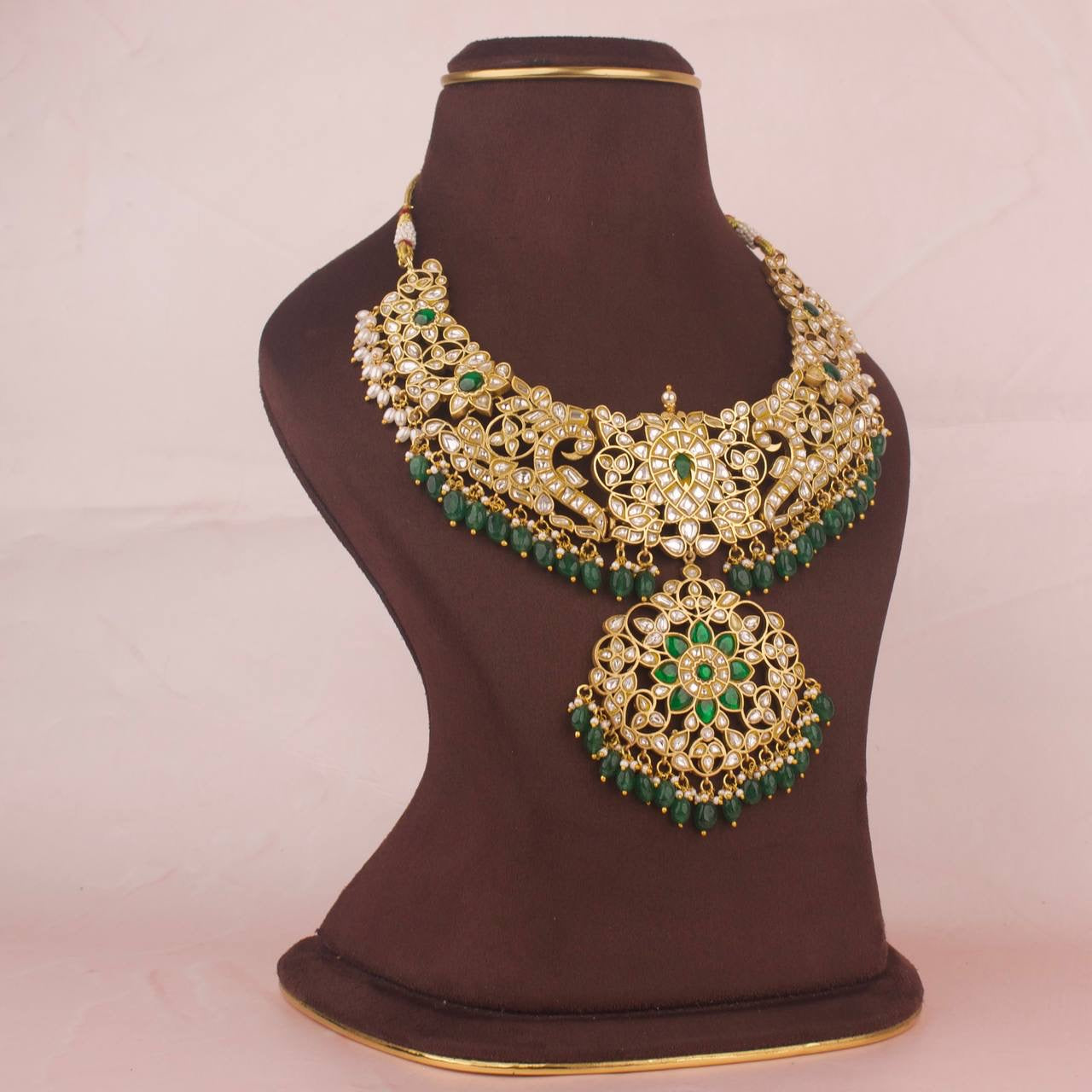 Traditional Jadau Kundan Necklace With Strawberry Beads As Hangings
