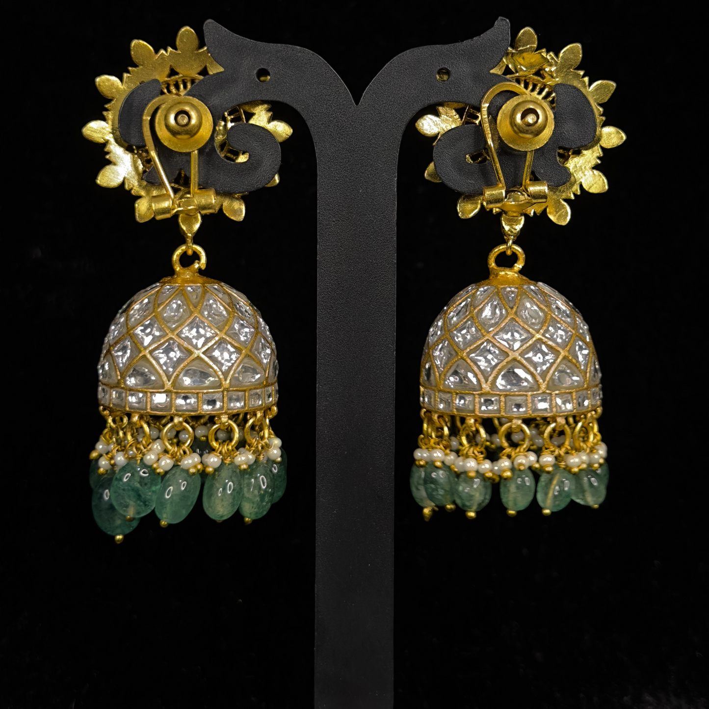 Radiant Floral Jadau Kundan Jhumkas with Emerald Beads