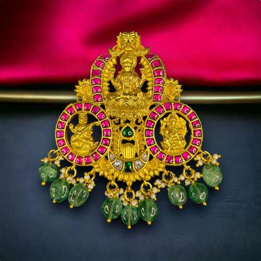 Divine Triple Deity Jadau Kundan Pendant with 22k Gold plating This product belongs to Jadau Kundan Jewellery