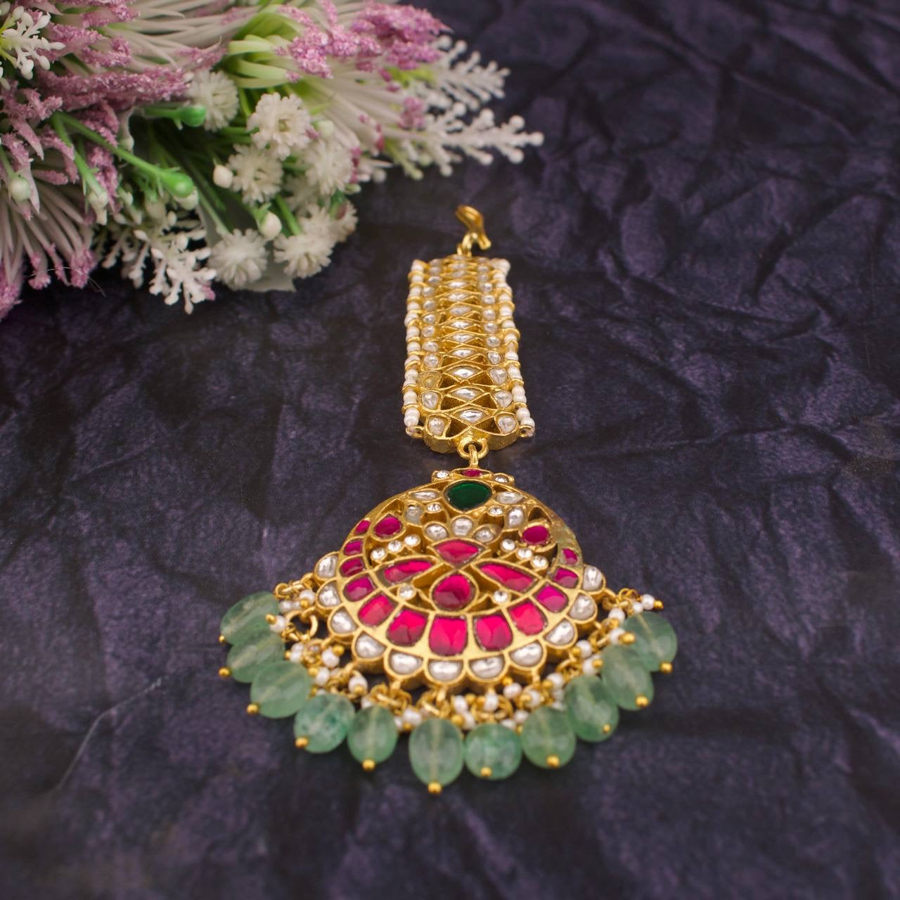 Chand Bali Design Jadau Kundan Bridal Long Maang Tikka with Green Beads