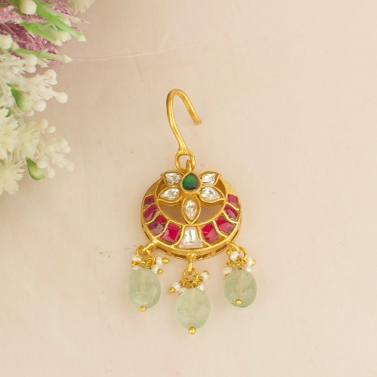 Chand flower Design Jadau Kundan Maangtikka With Green Beads