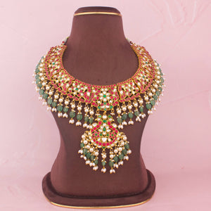 Traditional Peacock Design Jadau Kundan Necklace With Ricepearl Hangings