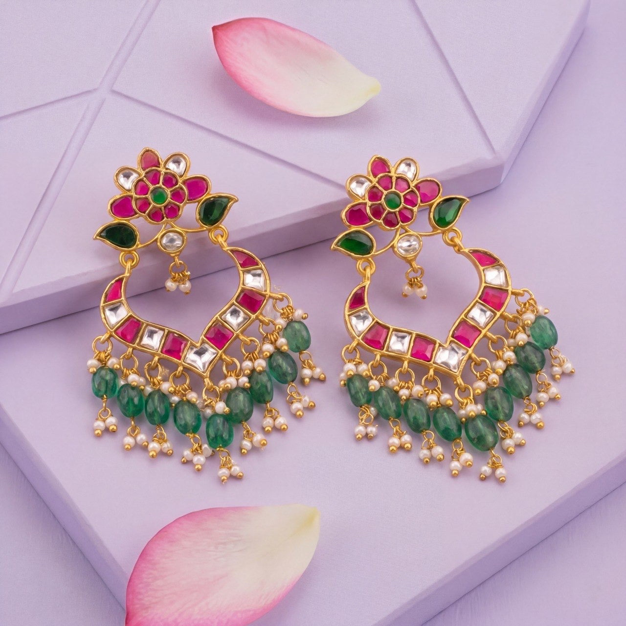 Classy Jadau Kundan Chandbali Earrings With Green Beads
