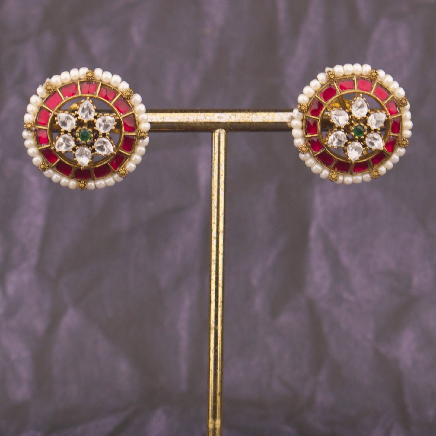 Classic Jadau Kundan Stud Earrings With Pearl Bordering