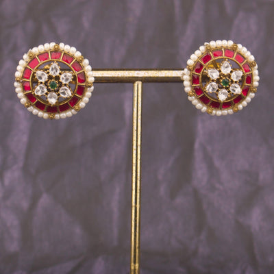 Classic Jadau Kundan Stud Earrings With Pearl Bordering
