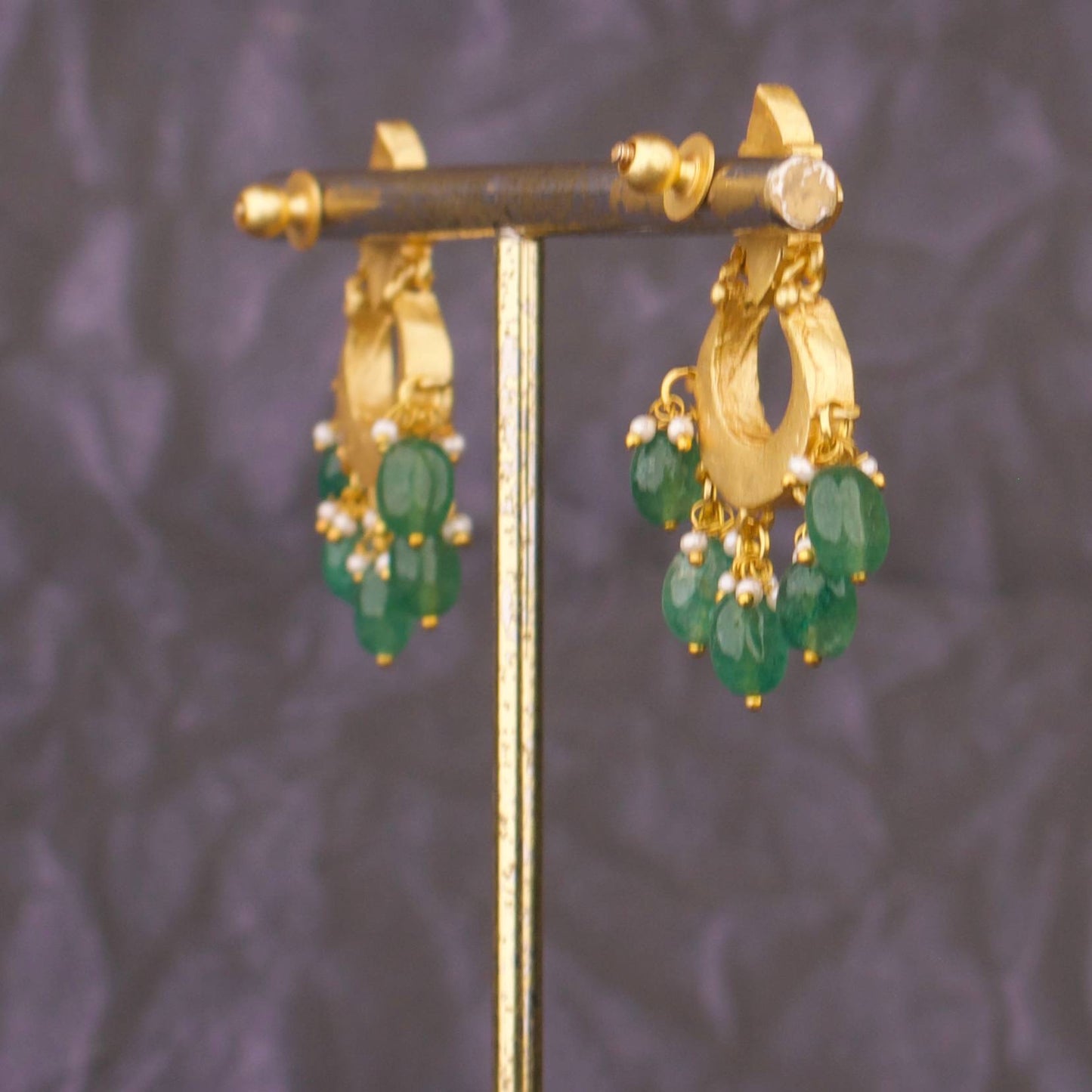 Classic Jadau Kundan Chandbali Earrings Emerald Green Bead Drops