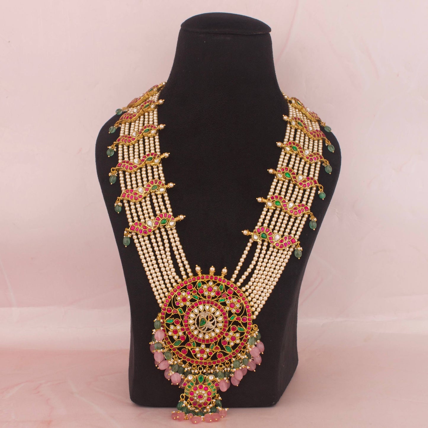 Handmade Jadau Kundan Long Rani Haar With Green Beads & Swarovski Chain