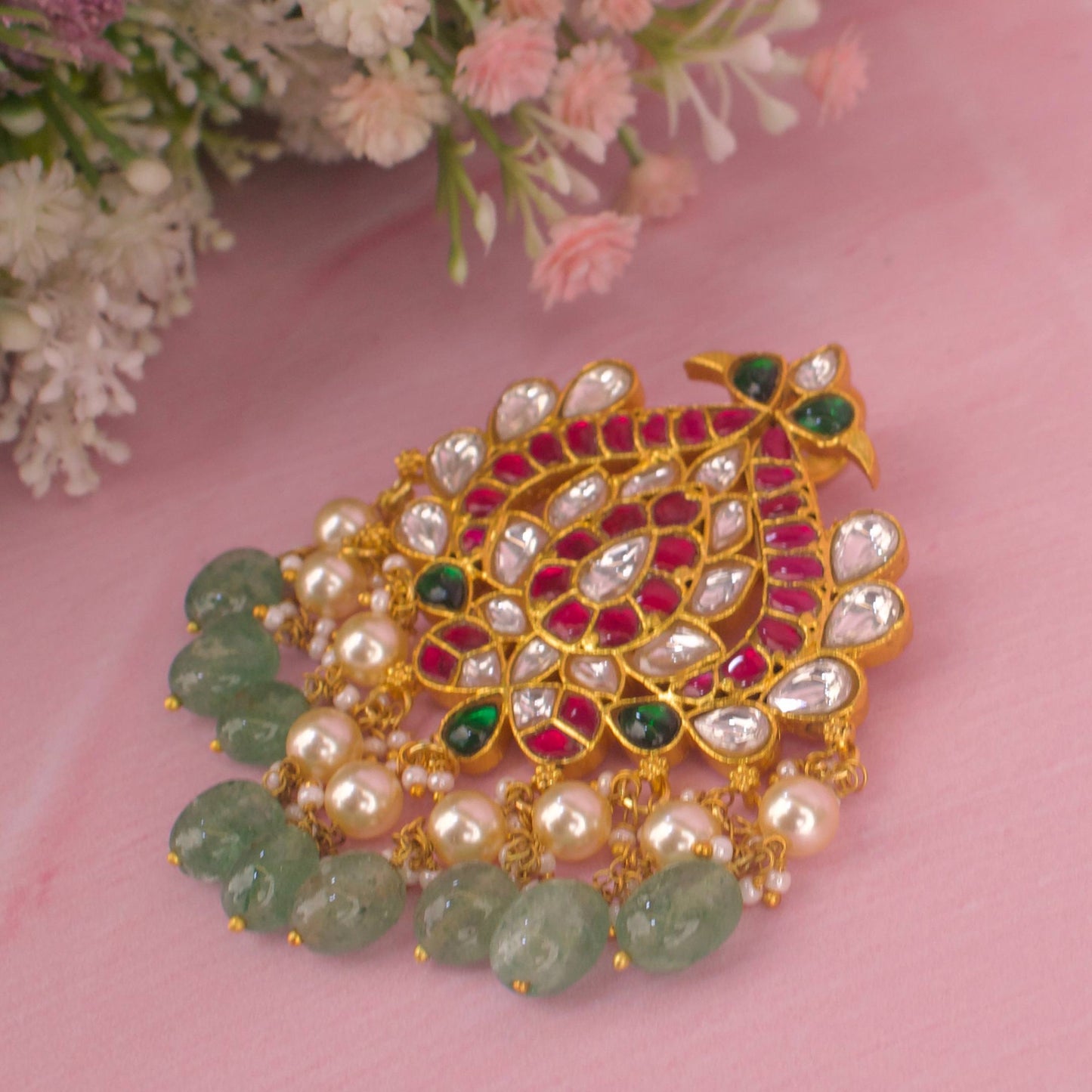 Beautiful Jadau Kundan Peacock Pendant With Pearls & Beads Hanging