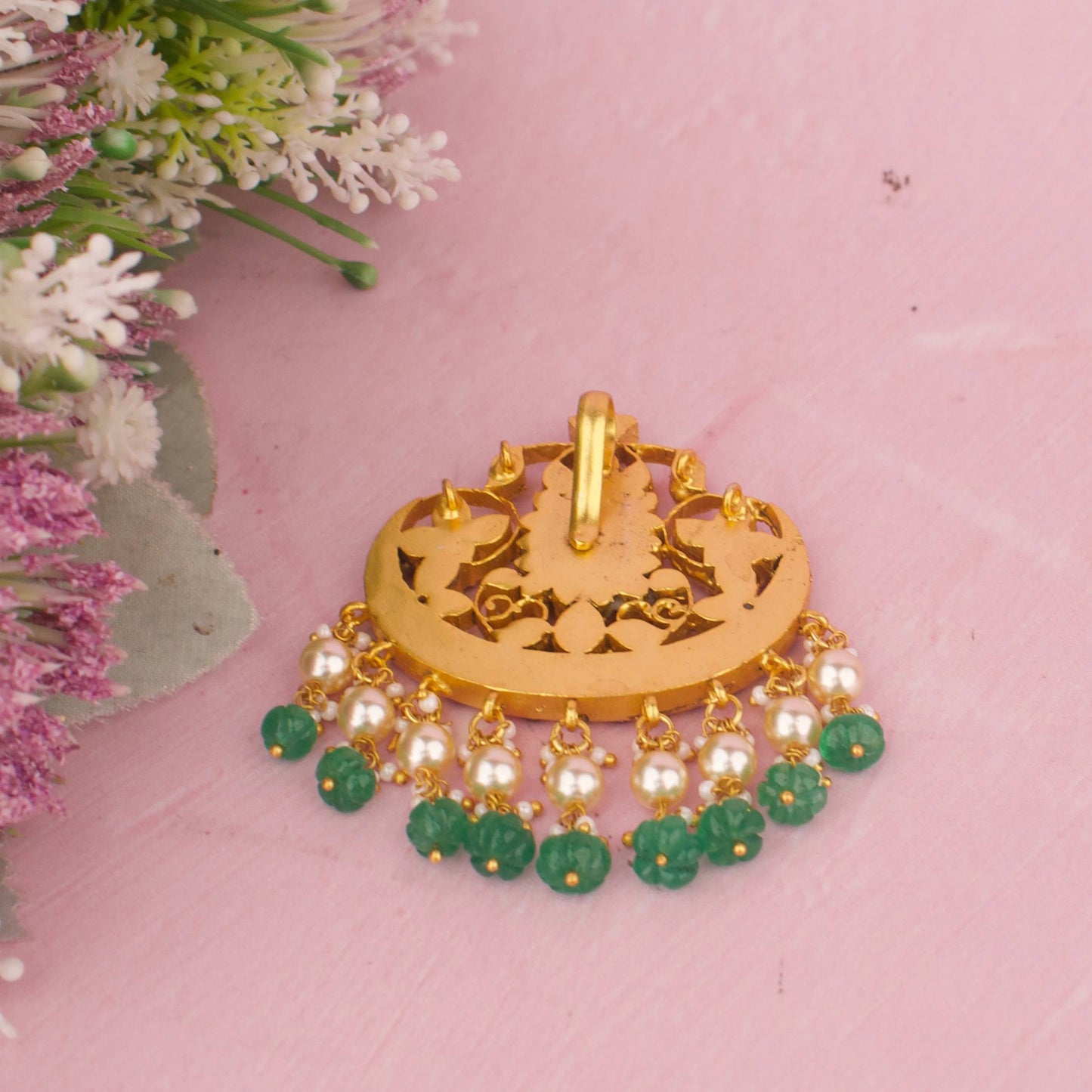 Traditional Jadau Kundan Locket With Green Beads