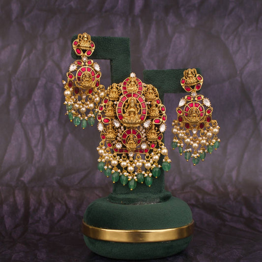 Divine Laxmi Devi Jadau Kundan x Nakshi Pendant Set