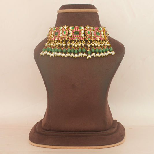 Graceful Latest Design Jadau Kundan Choker With Swarovski Pearl Hangings