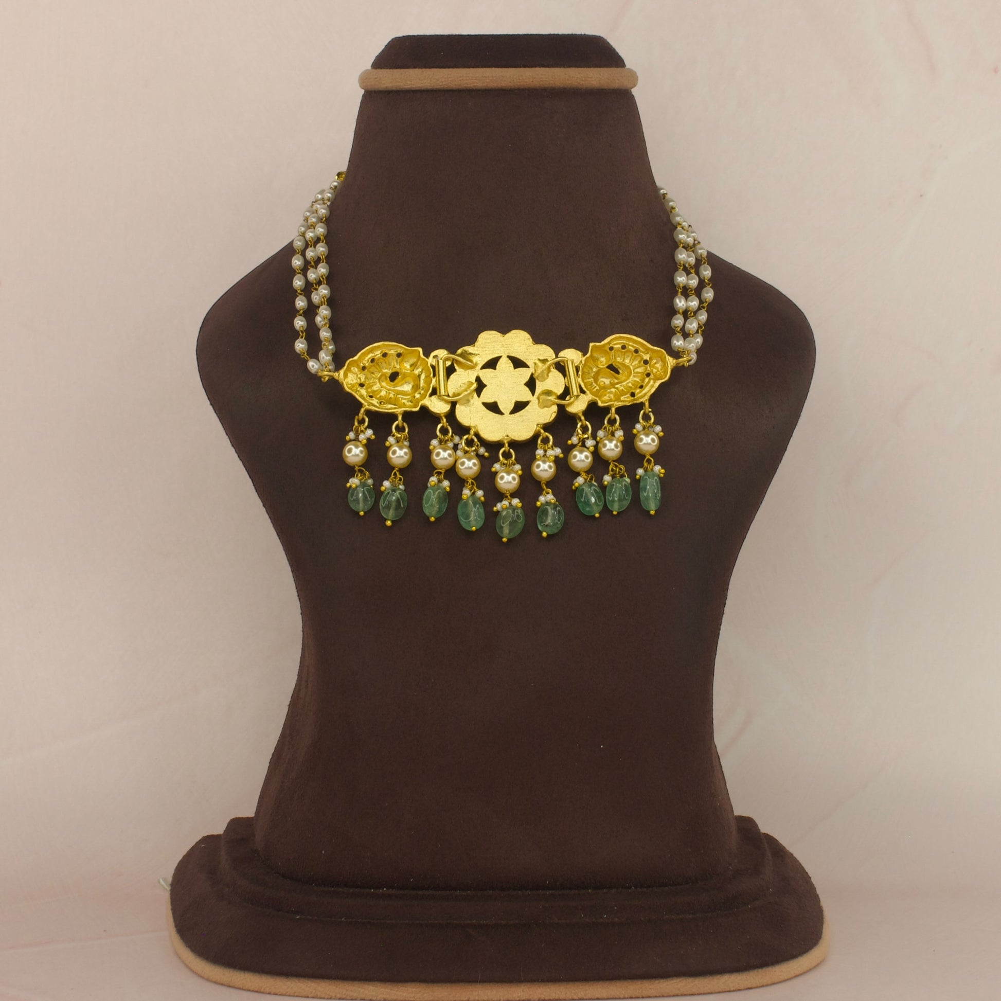 Elegant Jadau Kundan Choker with Nakshi Work and Pearl Drops with 22k gold plating