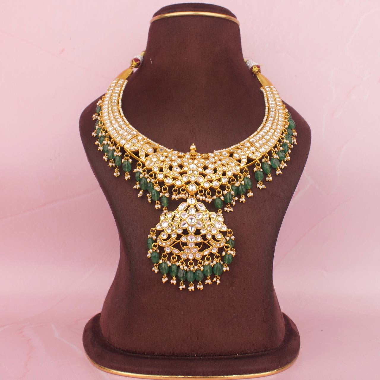Exclusive Gold Inspired Jadau Kundan Necklace With Beads & Pearl Hanging