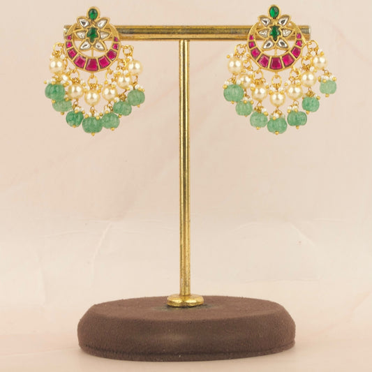 Grand Floral Design Jadau Kundan Studs With Pearl & Bead As Hanging