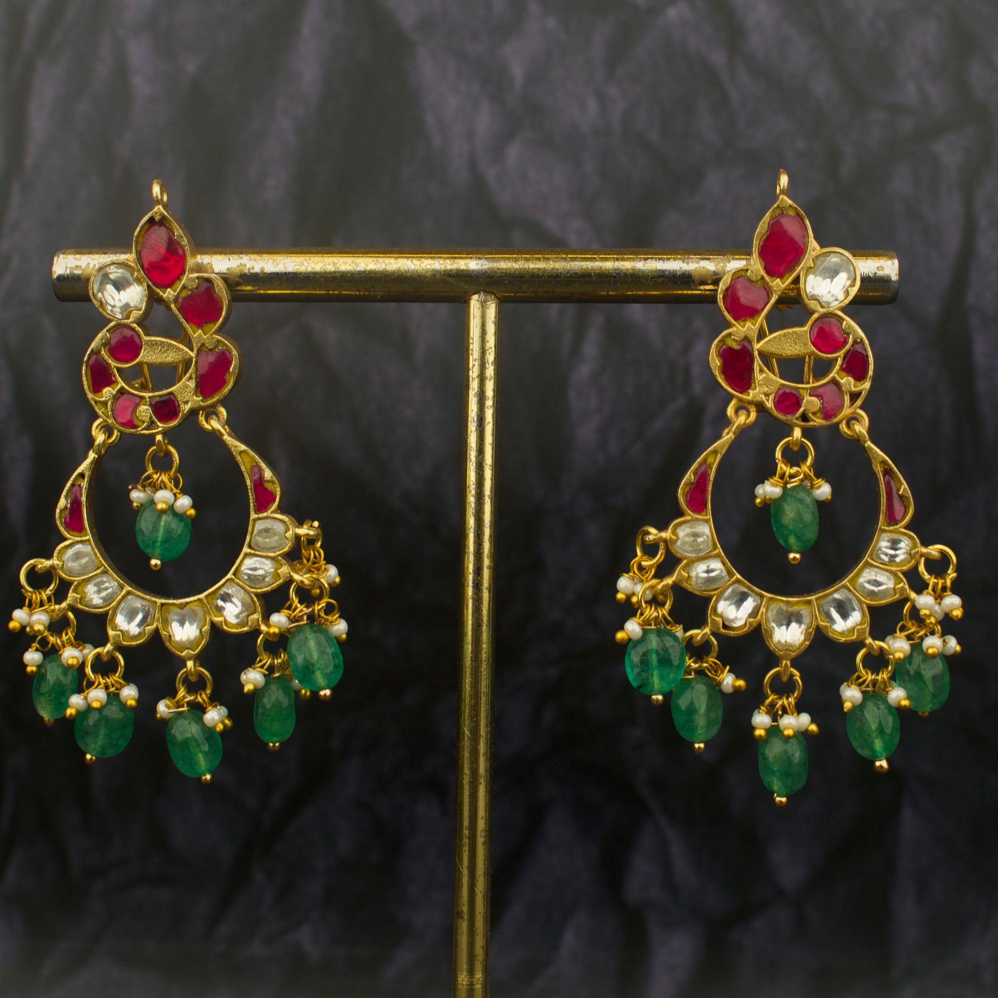 Charming Jadau Kundan Peacock Studded Chand Bali Earrings