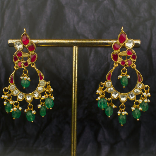 Charming Jadau Kundan Peacock Studded Chand Bali Earrings