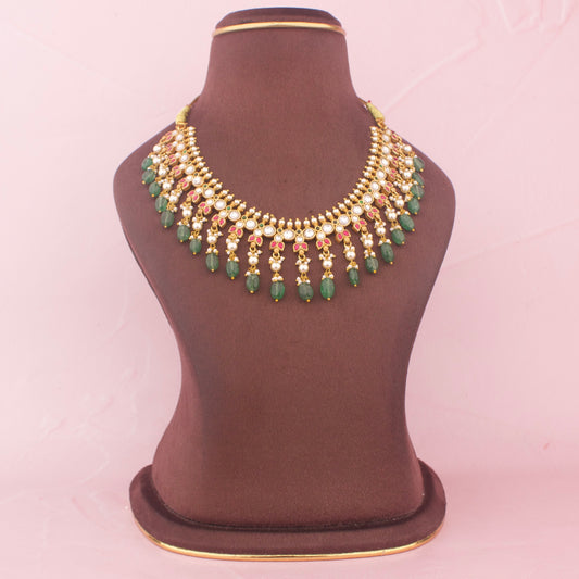 Delicate Jadau Kundan Necklace With Emerald Beads