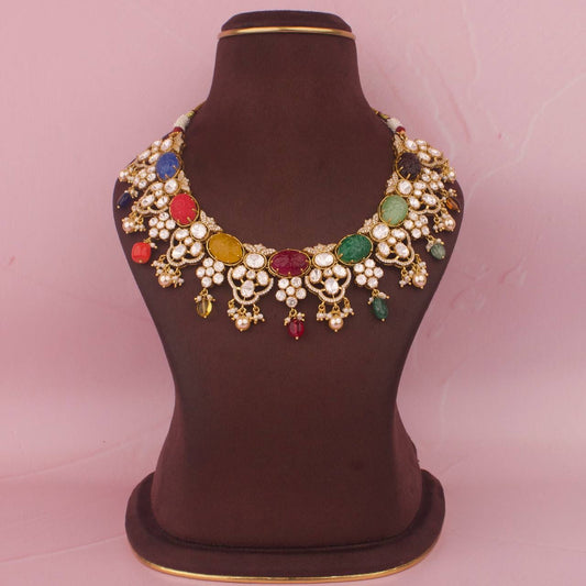Royal Navratna Moissanite Polki Pure 925 Silver Gold Plated Necklace