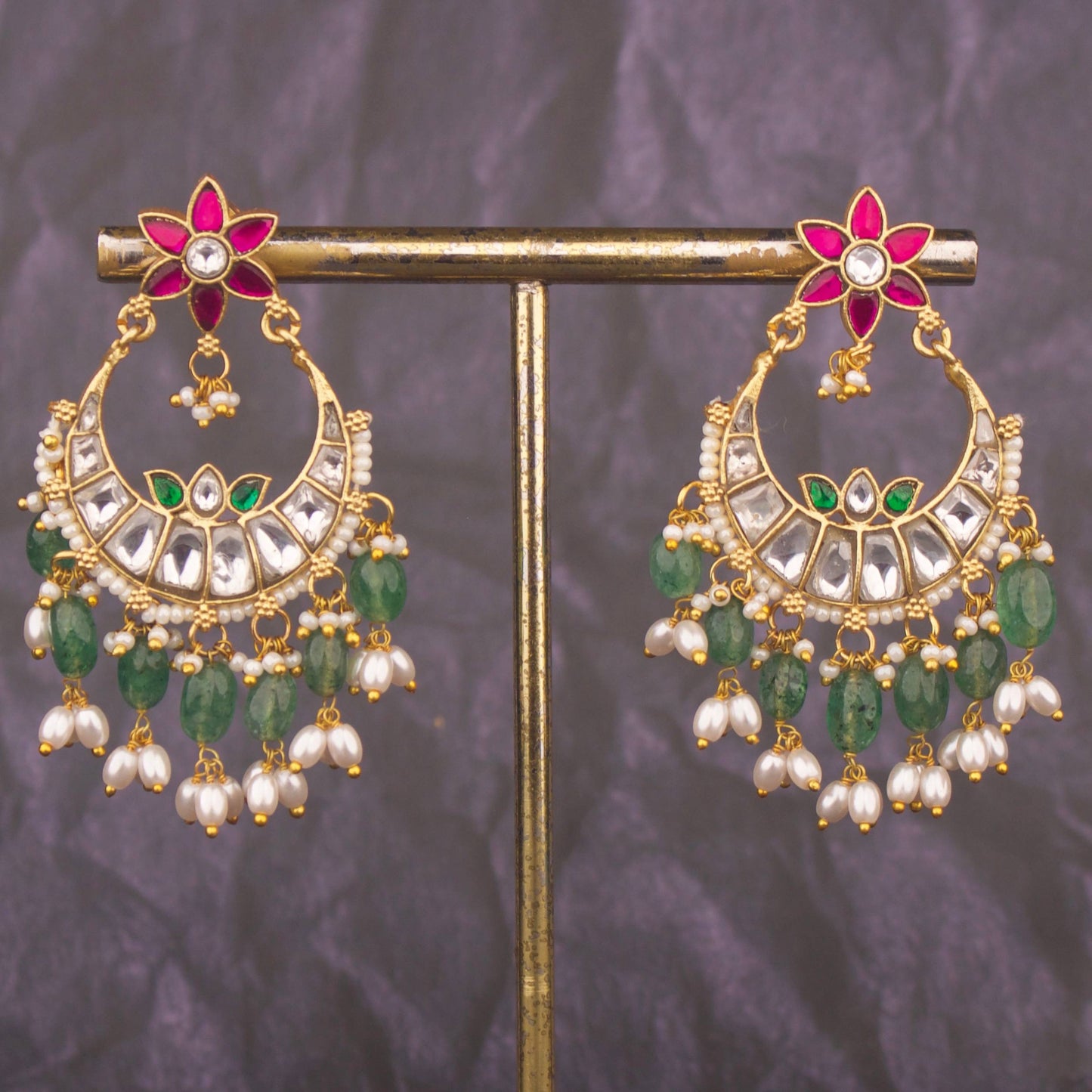 Traditional Jadau Kundan Chandbali Earrings With Ricepearl Hangings