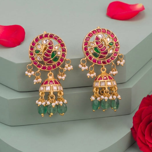 Radiant Jadau Kundan Jhumki Earrings With Emerald Drops - Handcrafted Indian Bridal Jewelry by Dulhan Jewels