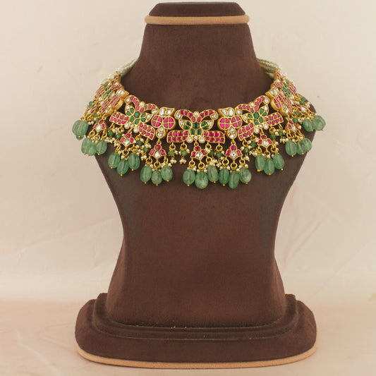 Grand Festive Design Jadau Kundan Short Beads Choker with Green Beads