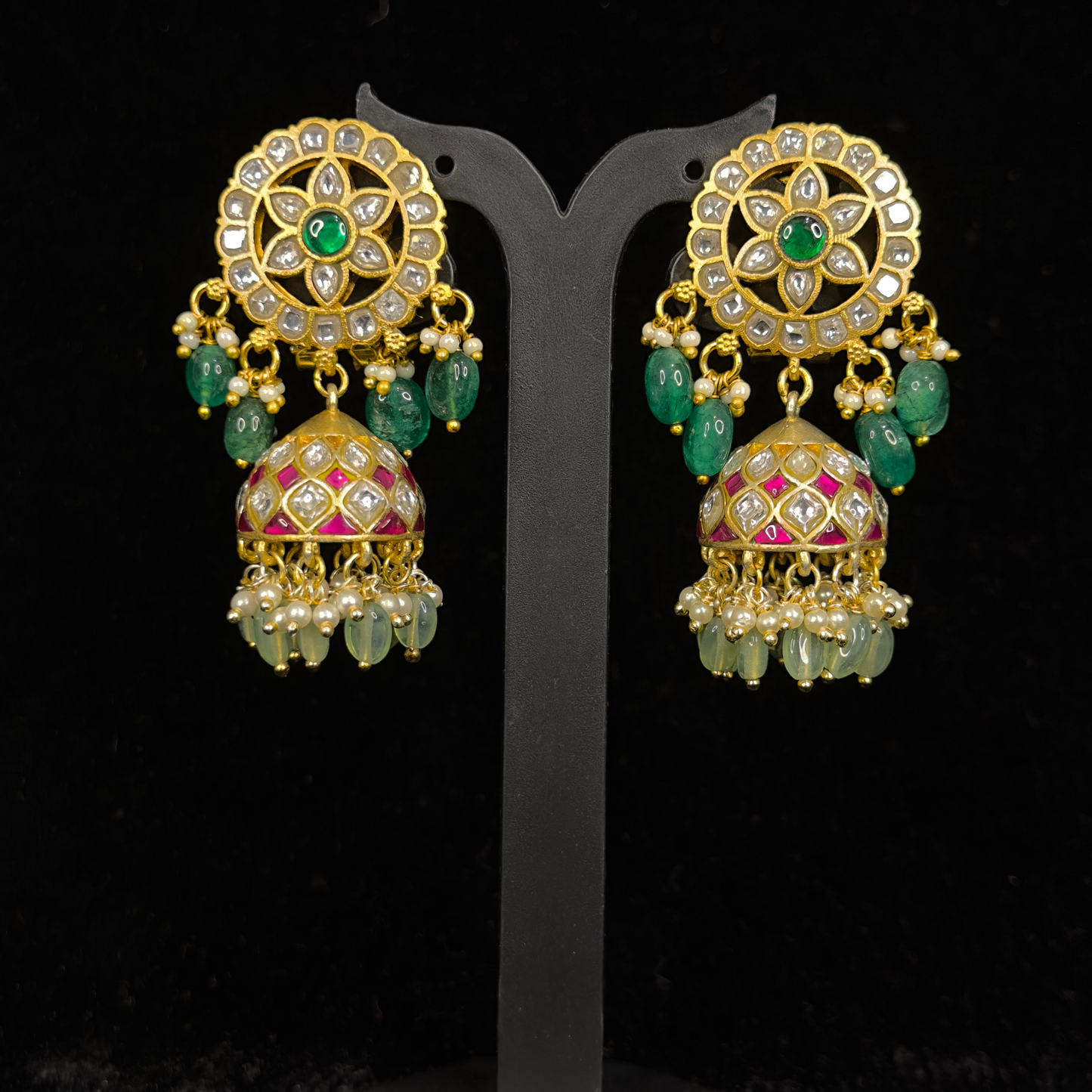 Radiant Lotus Jadau Kundan Jhumkas with Emerald Beads