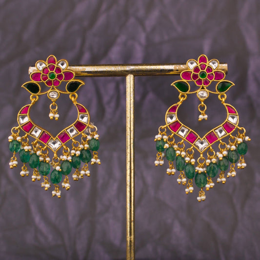 Classy Jadau Kundan Chandbali Earrings With Green Beads
