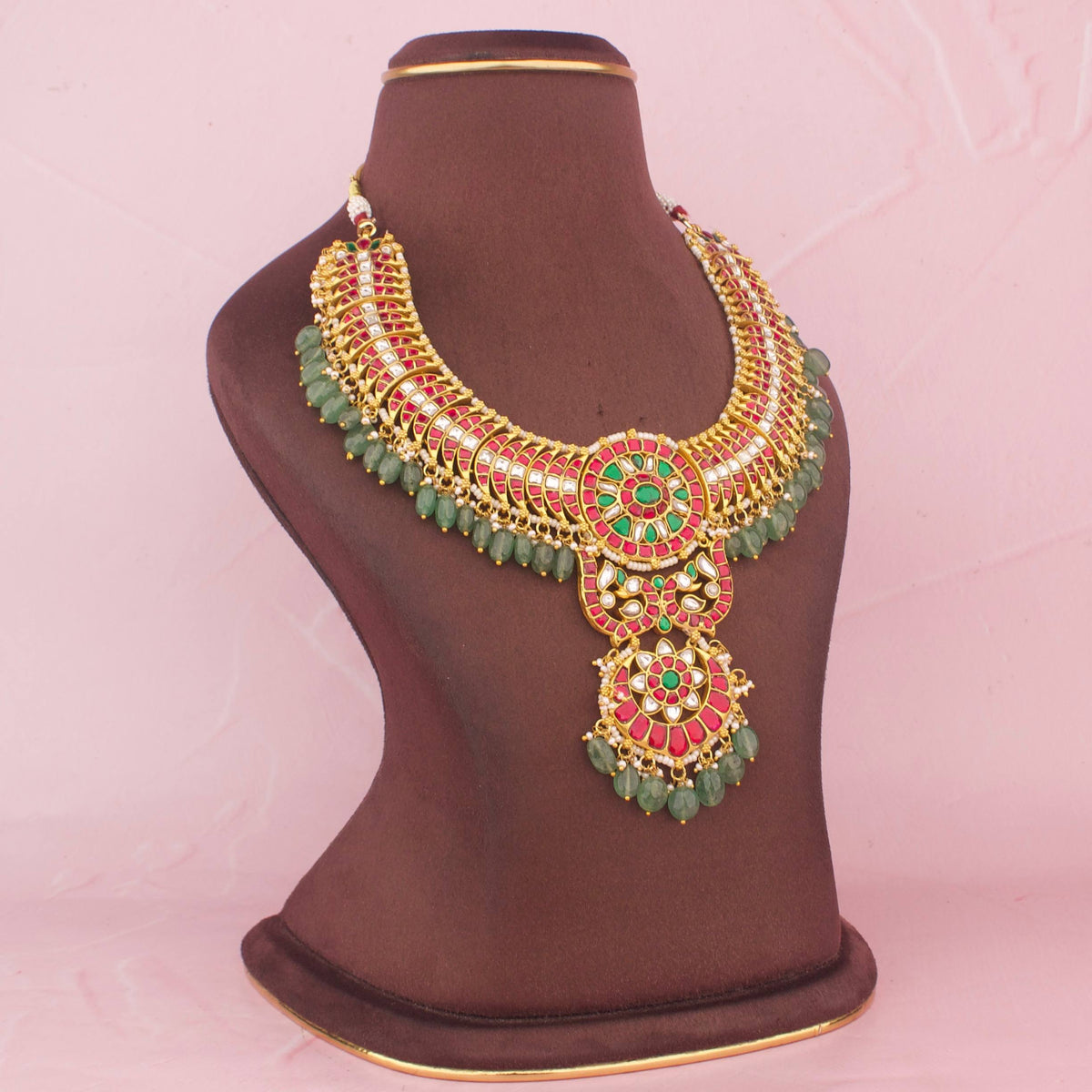 Majestic Bridal Jadau Kundan Necklace With Strawberry Beads