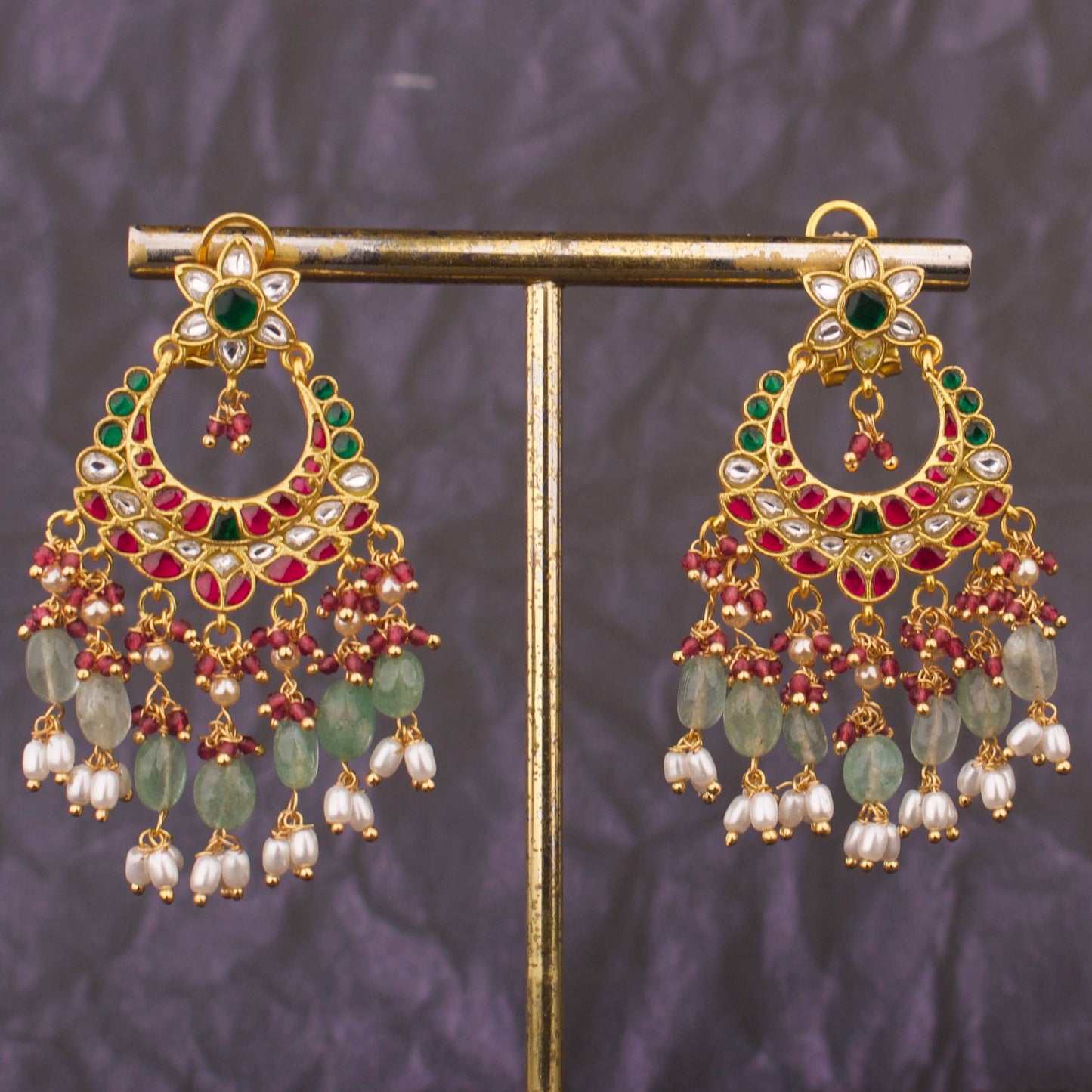 Dazzling Floral Design Jadau Kundan Chand Bali with Guttapusalu Hanging