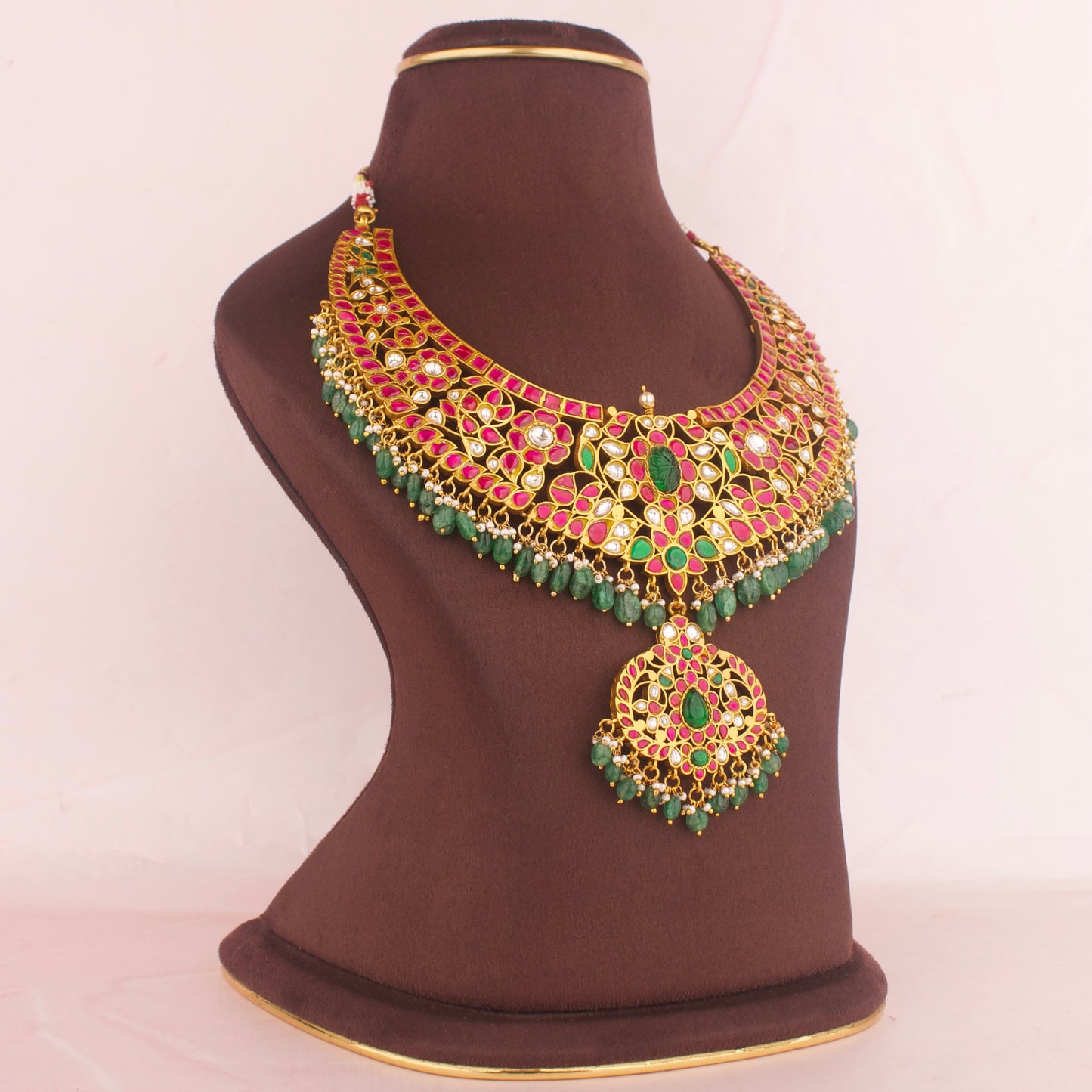 Bridal JAdau Kundan Necklace WIth Strawberry Beads As Hangings - DULHAN JEWELS
