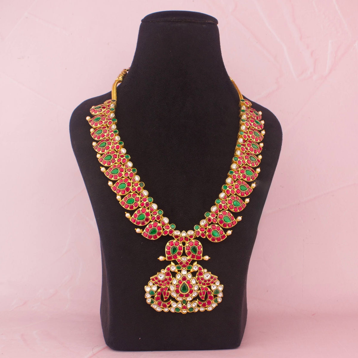 Traditional Jadau Kundan Long Mango Haram With Peacock Design Pendant