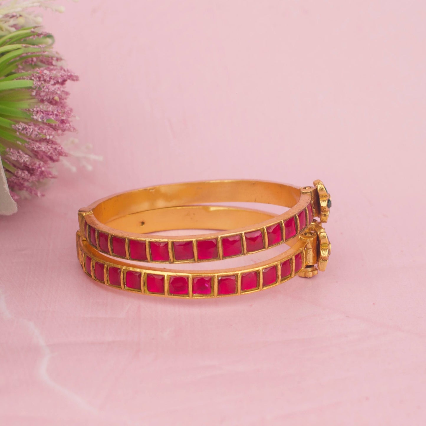 Gold Finish Jadau Kundan Bangles With Floral Center Motif