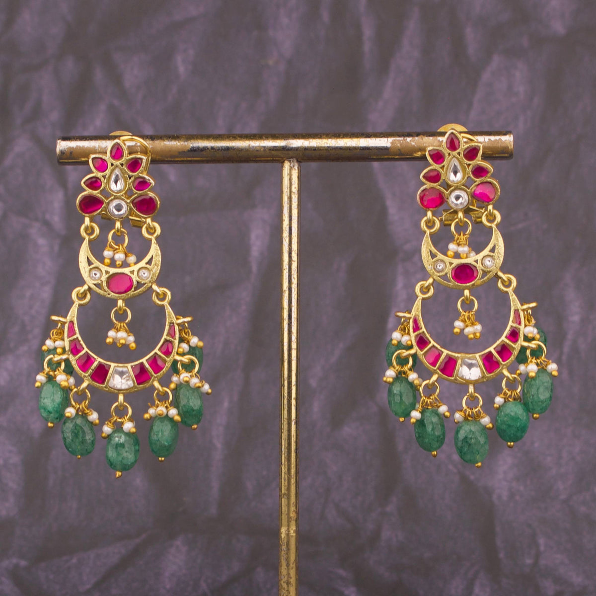 Gold Finish Jadau Kundan Chandbali Earrings With Emerald Drops