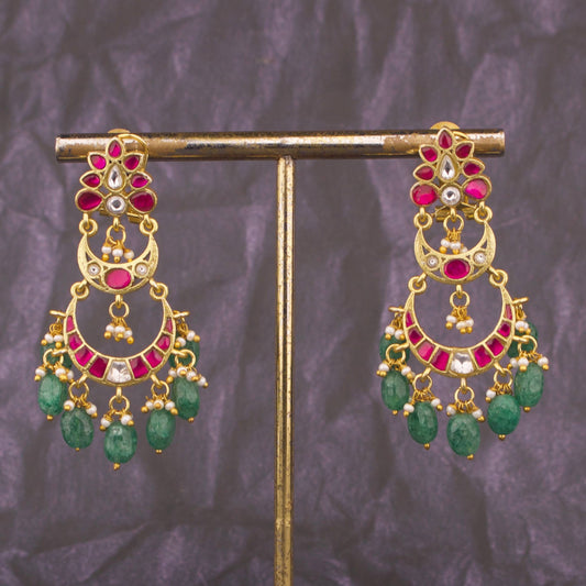 Gold Finish Jadau Kundan Chandbali Earrings With Emerald Drops
