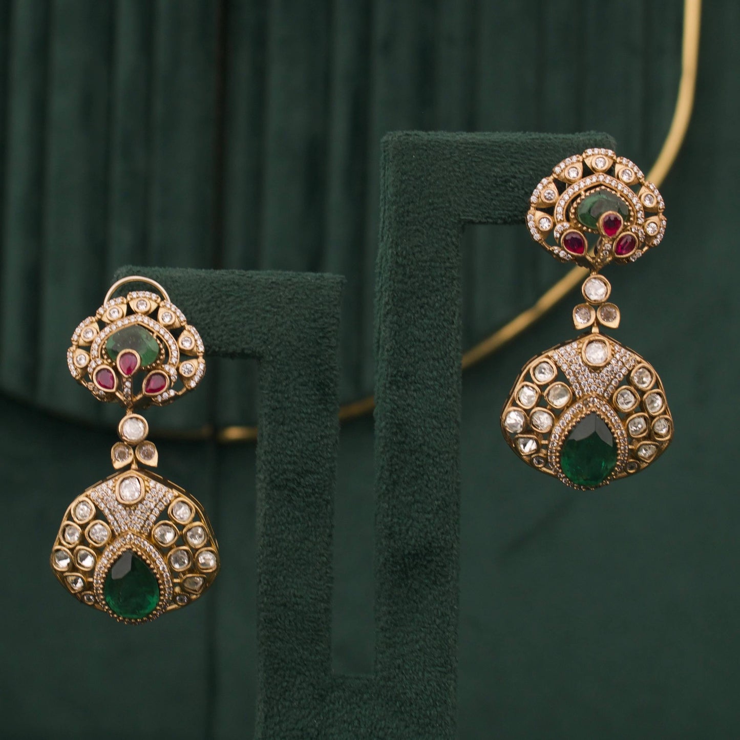 Victorian Ruby Emerald Polki Bridal Statement Necklace Set With Matching Earrings