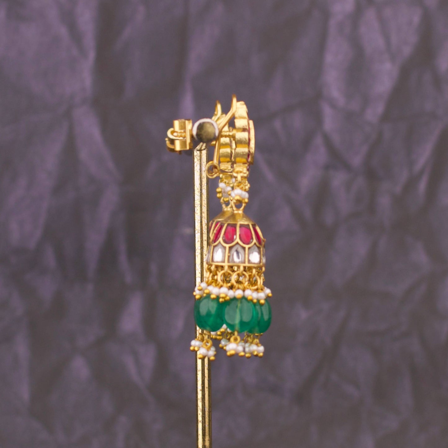 Imperial Jadau Kundan Jhumki Earrings With Emerald Drops